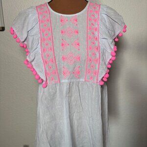 Lilly Pulitzer Light Blue & Hot Pink Pom-Pom Embroidered Dress – Size XS